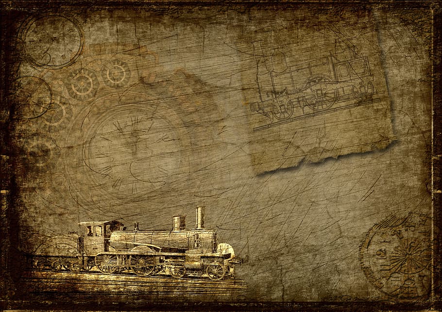 brown train painting, locomotive, clock, steampunk, industry, HD wallpaper
