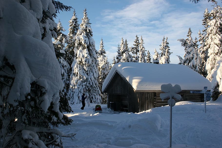 man in black suit beside house, landscape, scenic, winter, snow HD wallpaper