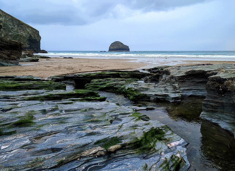 Sea, Seascape, Rocks, Cornwall, Beach, water, cloud - sky, rock - object HD wallpaper