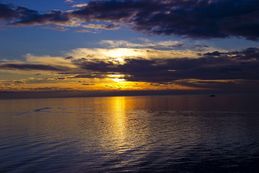 ocean, sea, sunset, clouds, evening sky, landscape, horizon HD wallpaper
