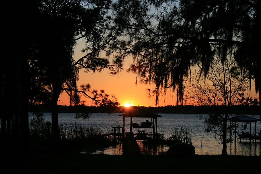 sunset, trees, landscape, sky, nature, sunrise, summer, silhouette HD wallpaper