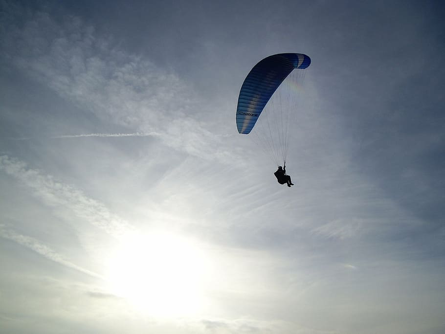 paragliding, flying, sunset, sky, adventure, mid-air, unrecognizable person HD wallpaper