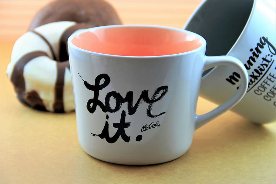 white ceramic mug beside doughnut, coffee, drink, cafe, cup HD wallpaper