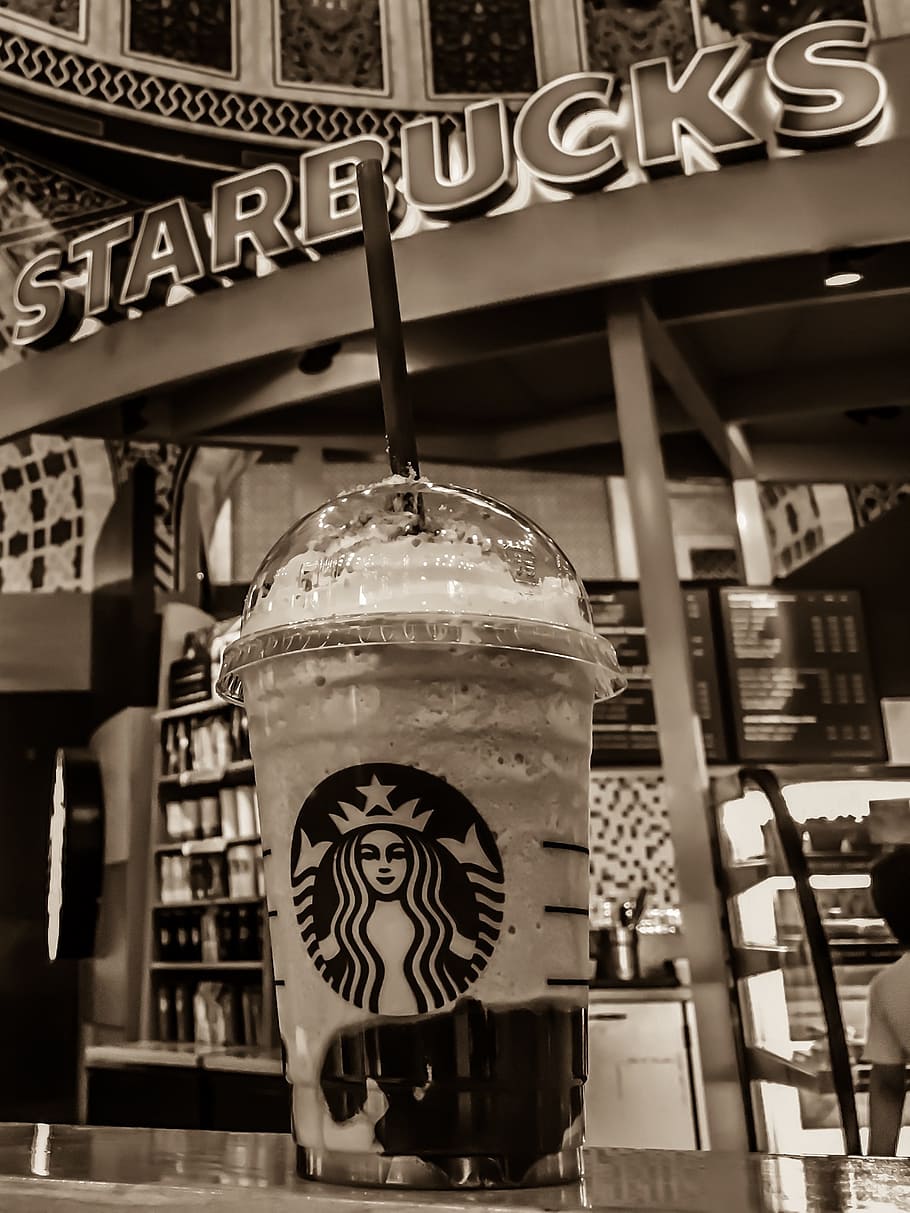 Starbucks Stall Grayscale Photo, beverage, drink, macro, sepia HD wallpaper