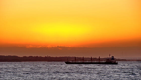 barge on body of water during golden hour, Sunset, Ocean, Atlantic HD wallpaper