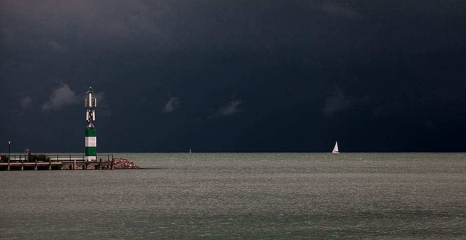 white sail boat at sea, lake, storm, cloud, viz, sailing, lightning HD wallpaper