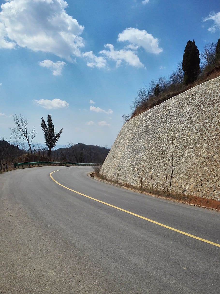 blue sky, white cloud, tree, road, lishan, curve, way, empty HD wallpaper
