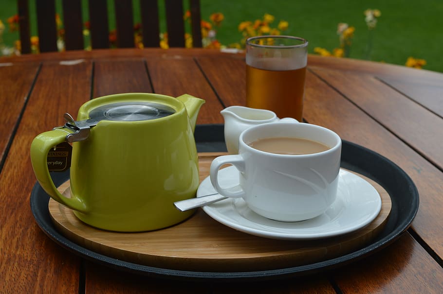 a cup of coffee, creamer, and teapot on top of tray, drinks HD wallpaper