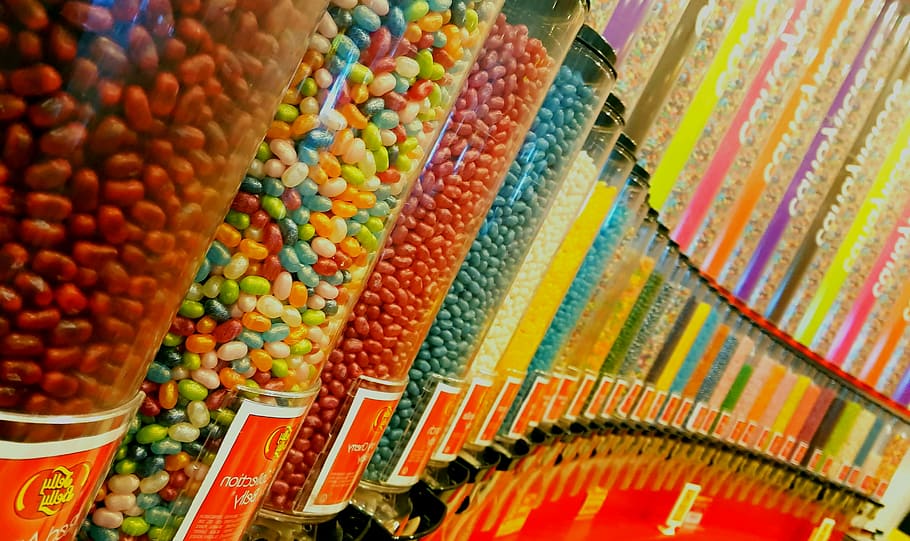 Into the world of candies, view of assorted-color jelly beans inside dispensers, HD wallpaper
