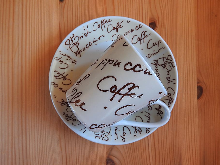 coffee cup, saucer, ceramic, text, indoors, communication, table HD wallpaper