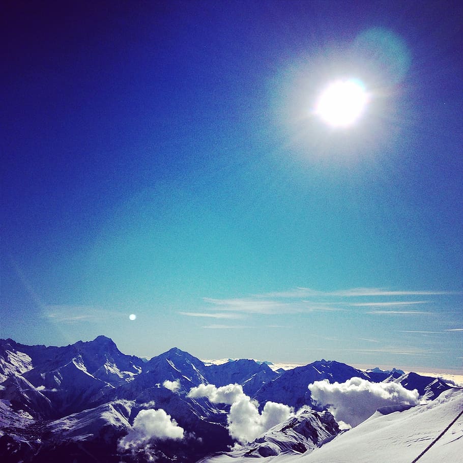 mountain, sky, sun, snow, blue, winter, cold temperature, scenics - nature HD wallpaper