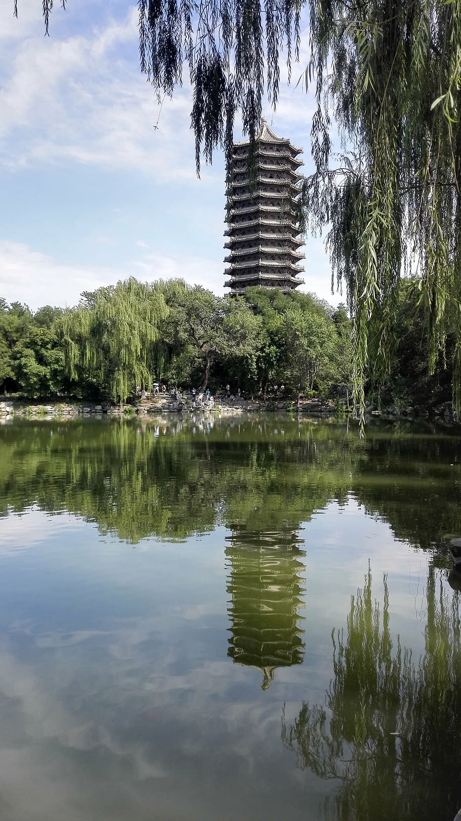 weiminghu, tower, reflection, water, tree, plant, lake, sky HD wallpaper