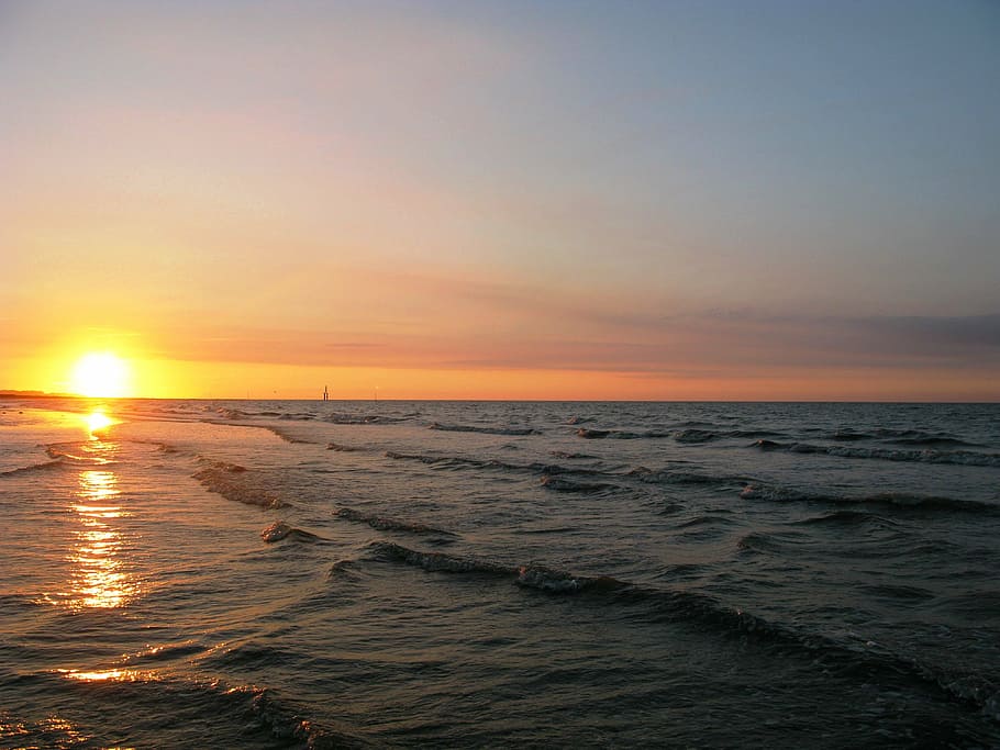 normandy, beach, sea, sunset, water, sky, beauty in nature HD wallpaper