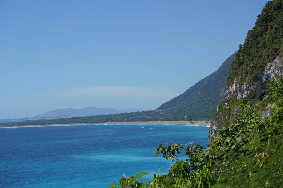 ocean, mountain, green, blue, landscape, sea, island, nature HD wallpaper