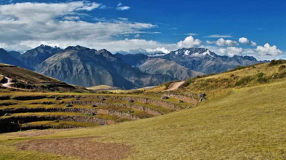 landscape photography of mountain under white clouds and blue sky, landscape photo of mountain range