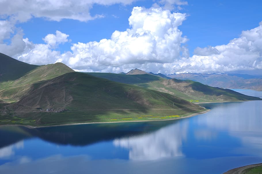China, Tibet, Yamdrok Lake, mountain, scenics, reflection, beauty in nature, HD wallpaper
