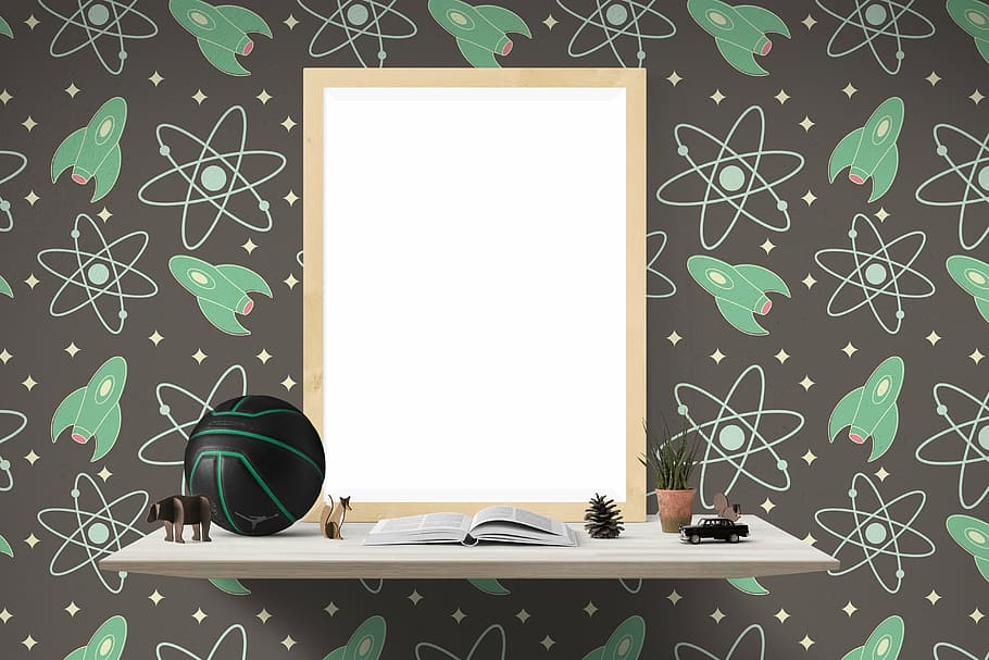brown framed whiteboard on white floating shelf, ball, blank, HD wallpaper