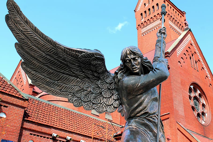 minsk, church, angel, monument, low angle view, statue, day, HD wallpaper