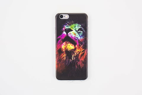 black, orange, purple, and green lion print iPhone case, mobile HD wallpaper