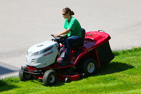 man riding ride-on mower, rush, lawn mower, driver, green, engine noise HD wallpaper