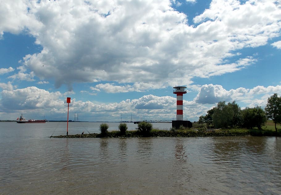 elbe, river, lighthouse, waters, clouds, nature, central european power HD wallpaper