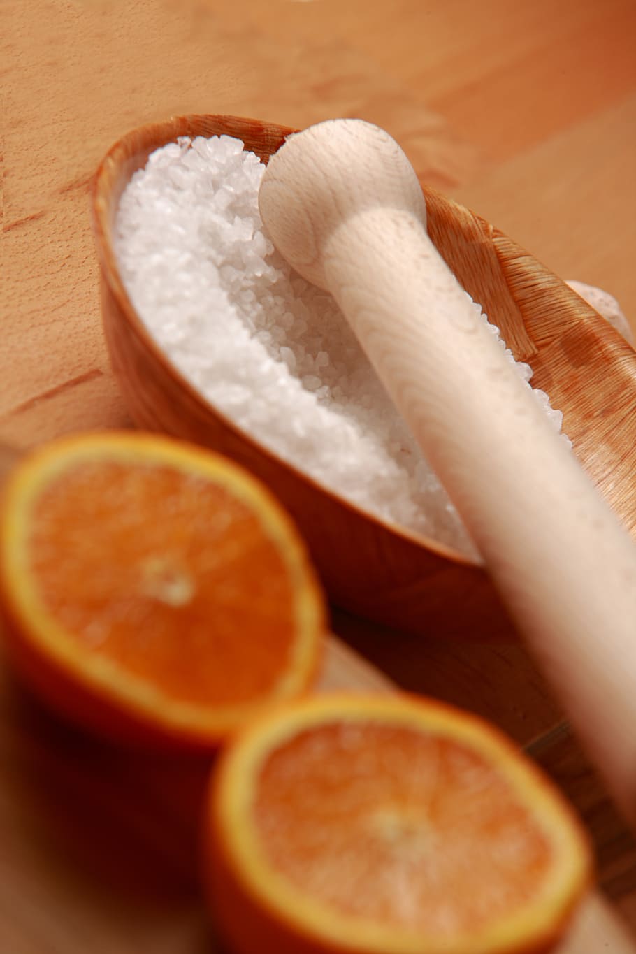 bowl of salt on brown surface, spa, wellness, orange, wood pusher HD wallpaper
