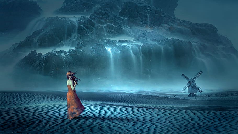 woman wearing orange dress standing on sand, fantasy, waterfall