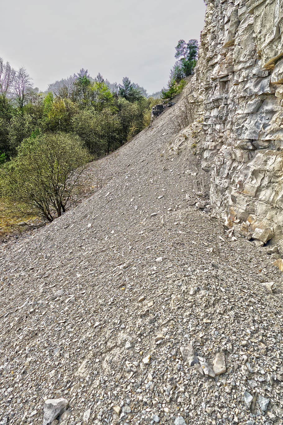quarry, trees, rock, stone, schroff, overburden, scree, decay HD wallpaper