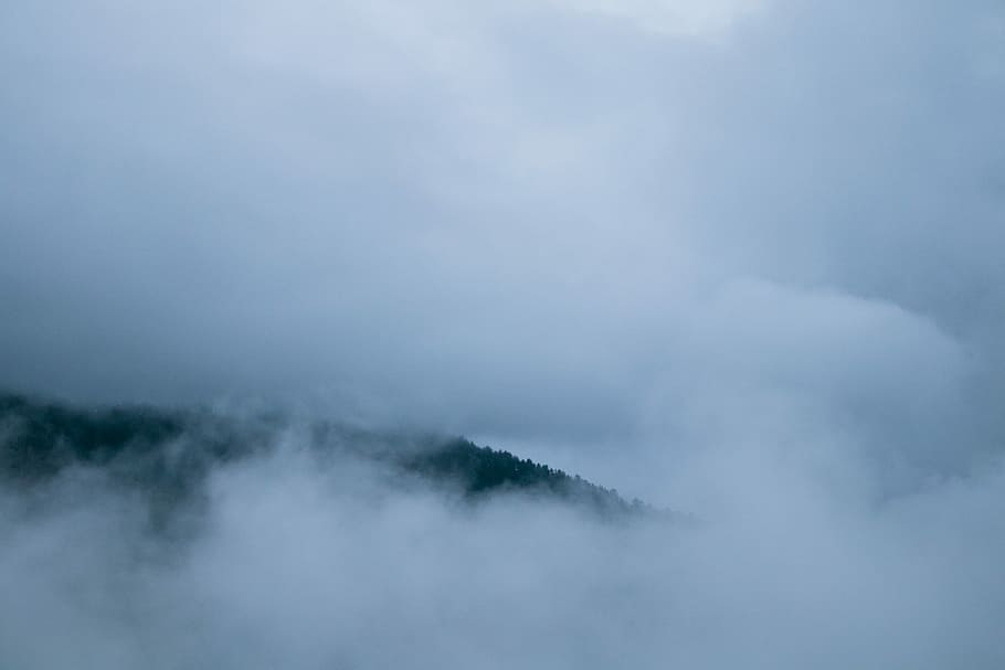 mountains under cloudy sky, mountain covered with mists, tree HD wallpaper