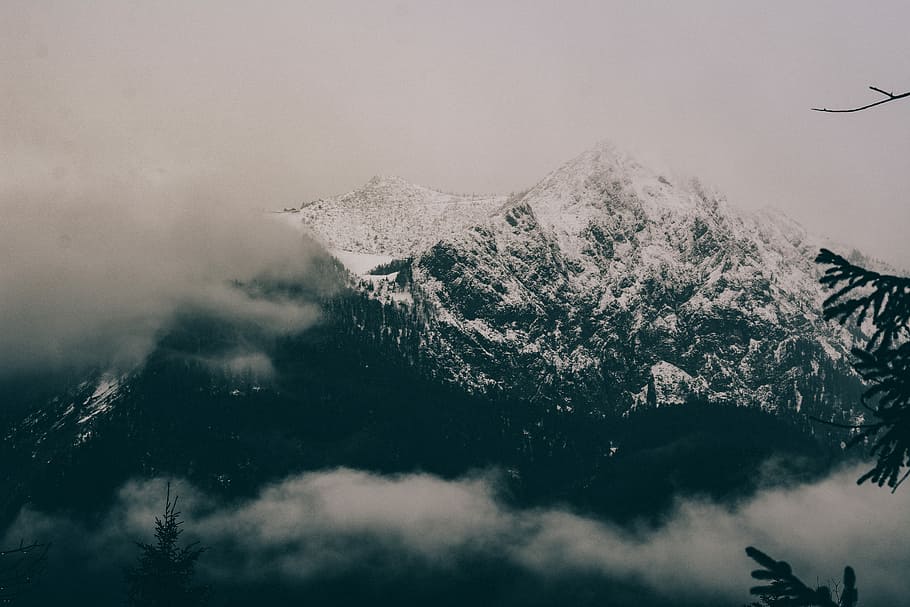 silhouette of mountain covering by mist, mountain covered snow HD wallpaper