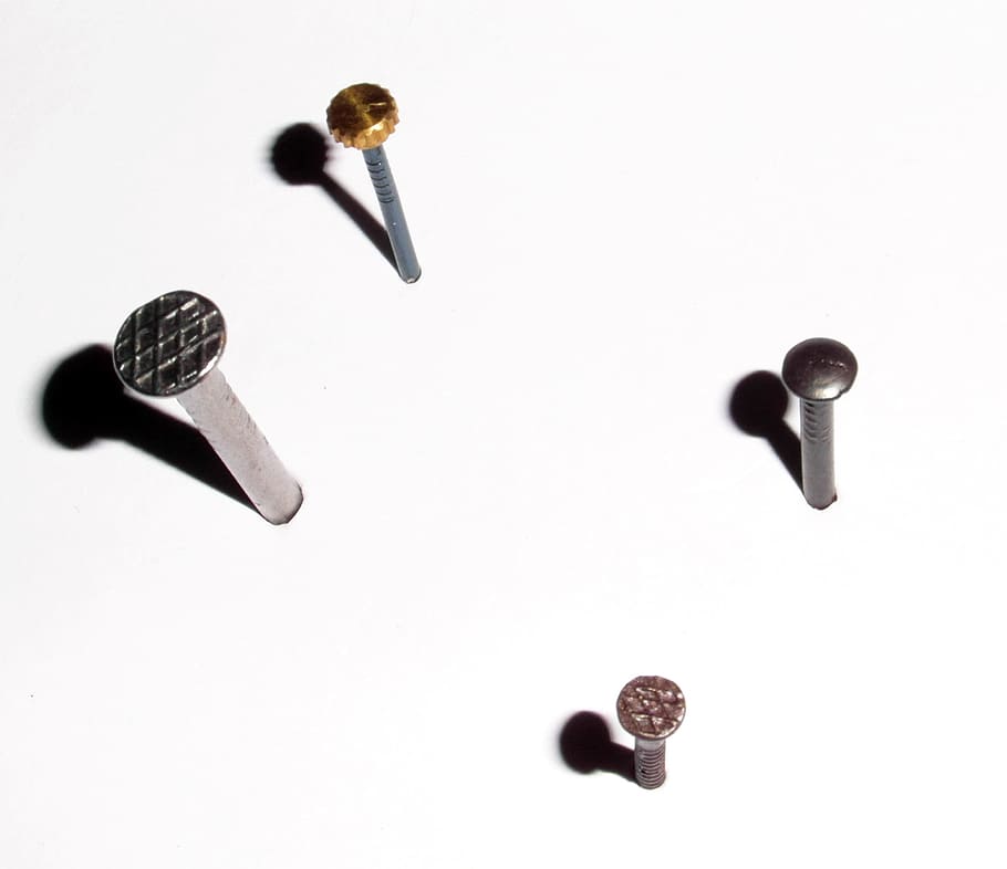 four gray nails on white surface, Hammer, Tool, Pin, bulletin board HD wallpaper