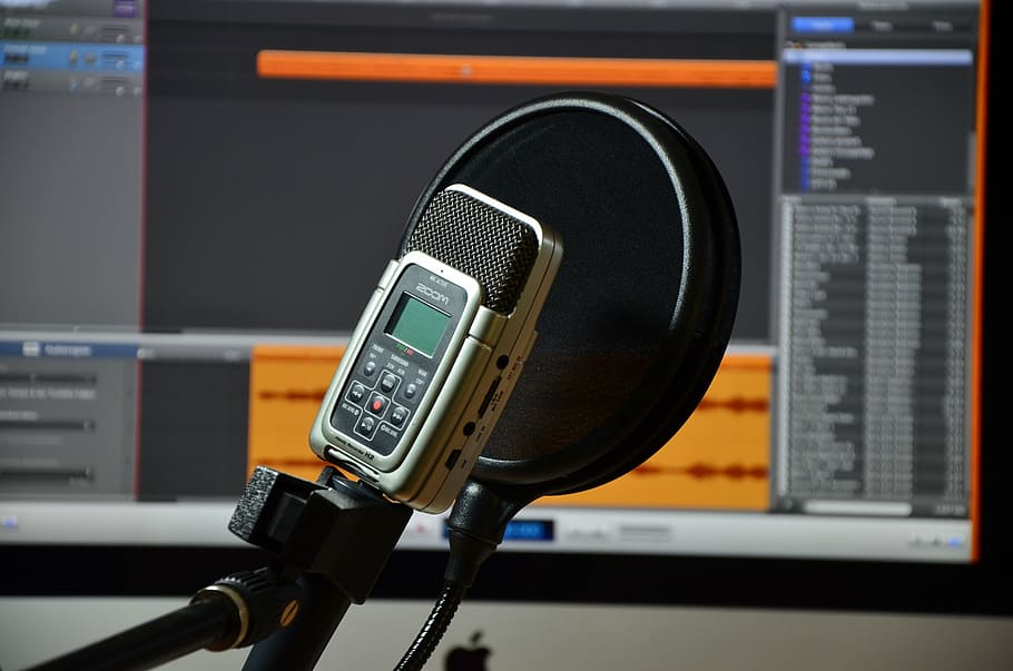 grey and black condenser microphone with pop filter inside room HD wallpaper