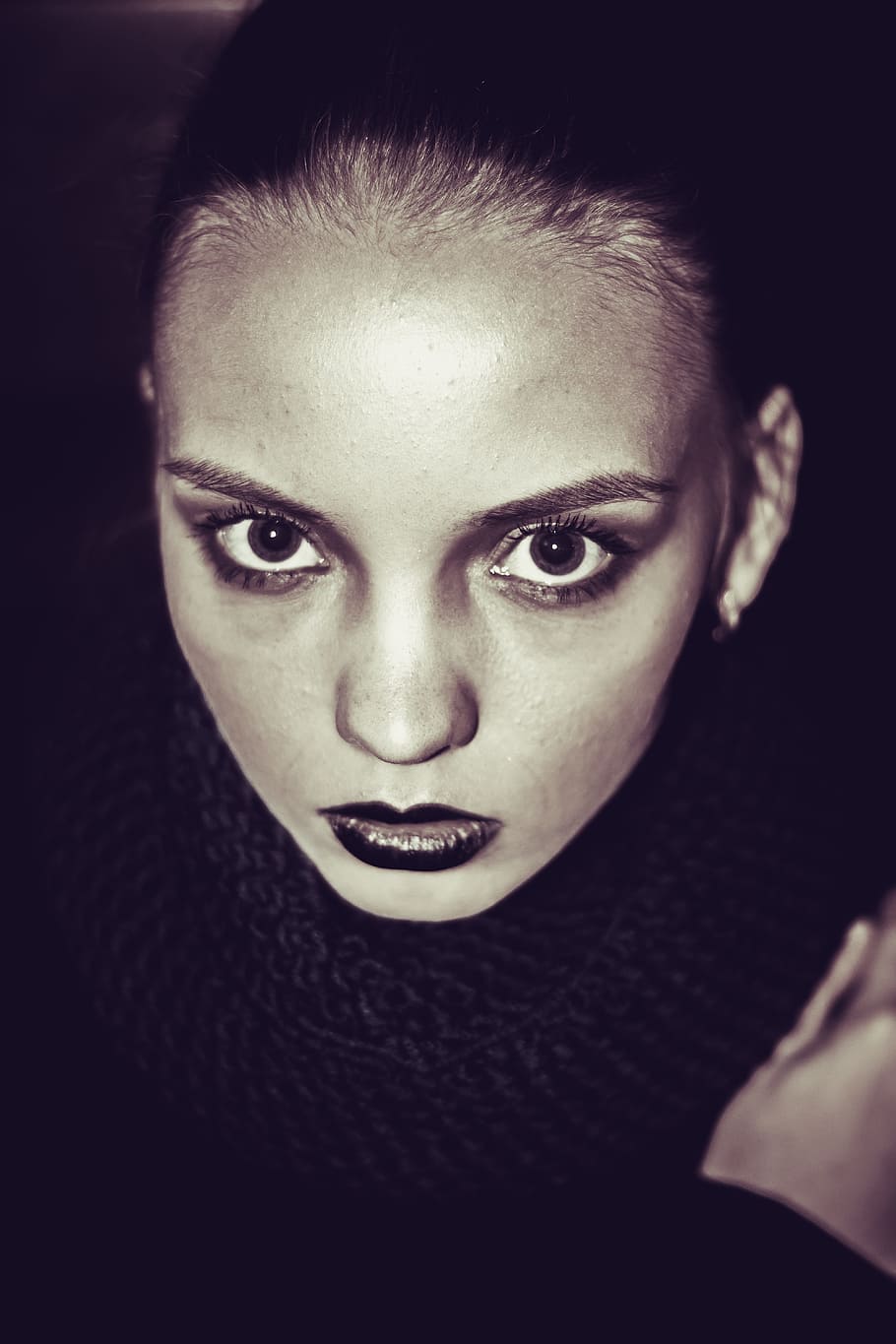 Woman in black Lip tint with black turtle neck dress, model, girl, HD wallpaper