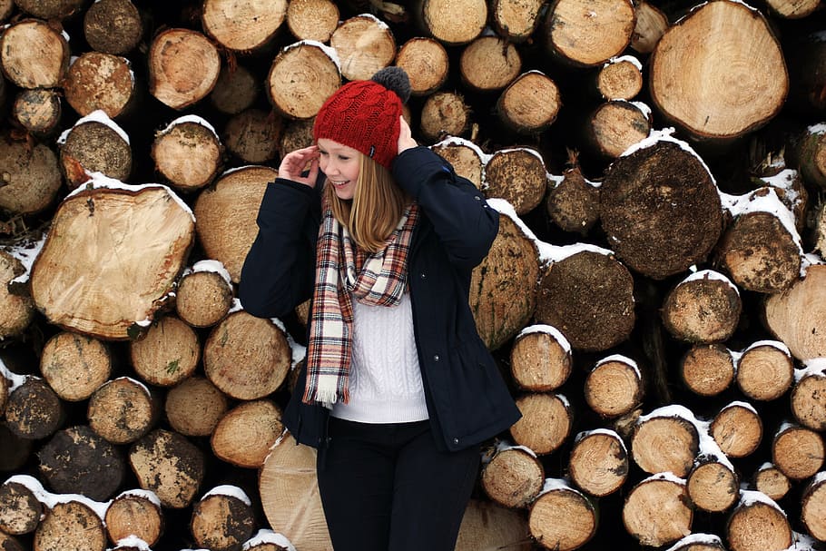 snow, winter time, cap, cold, forest, snowy, nature, girl, happy HD wallpaper