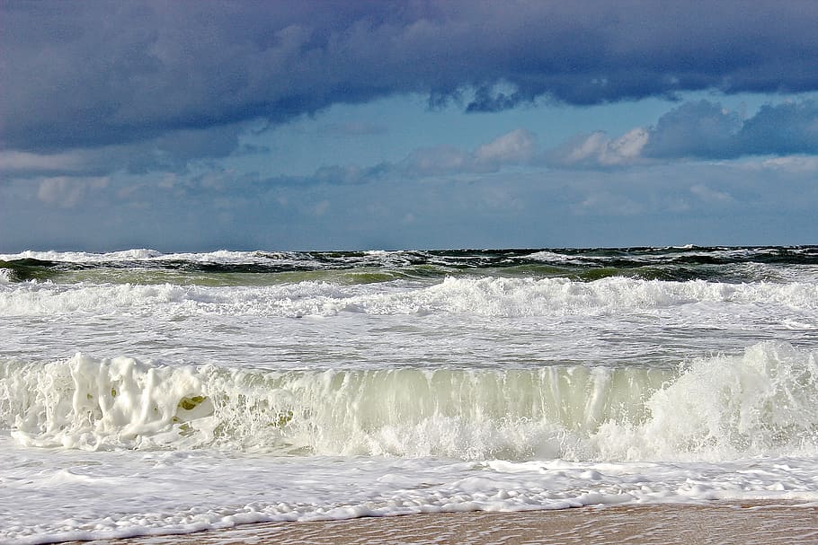 sea waves under blue sky during daytime, surf, beach, north sea HD wallpaper