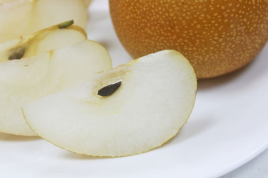 fruit, pear, hsbc pear, slice, food, food and drink, close-up HD wallpaper