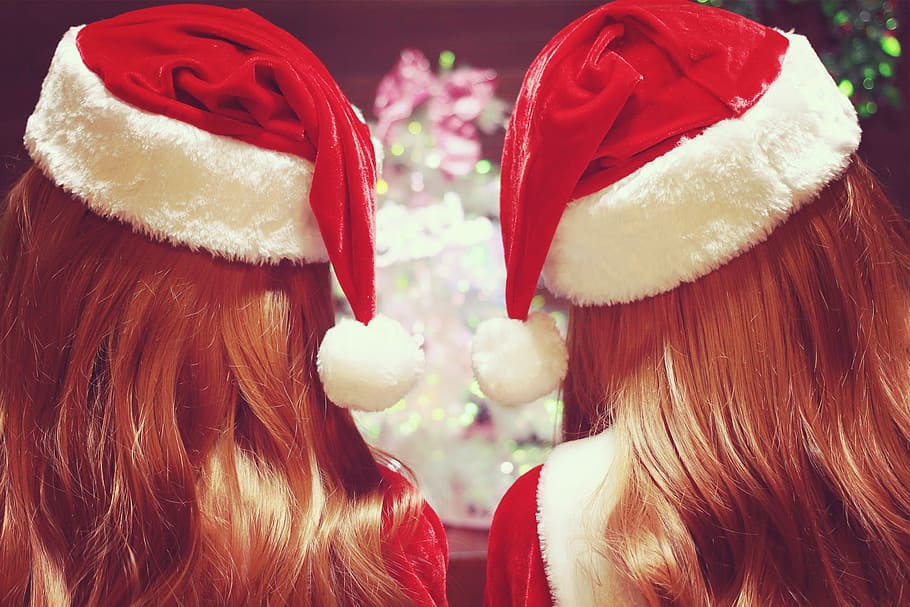 two woman wearing santa hats, christmas, women, people, females HD wallpaper