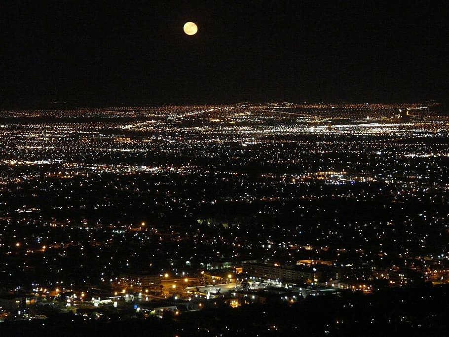 black and white city during nighttime under full moon, light HD wallpaper