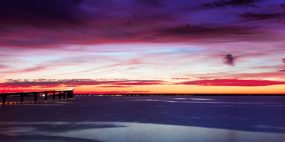 silhouette of bridge, sky, sunset, sunrise, horizon, cloud - sky HD wallpaper