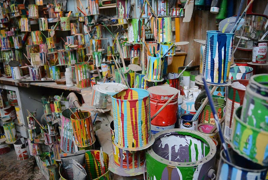 assorted-color paint cans, art, farbeimer, large group of objects HD wallpaper