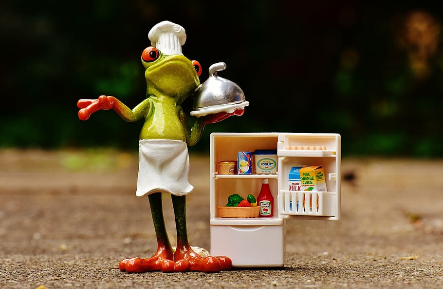 tree frog holding serving tray figurine, cooking, figure, refrigerator HD wallpaper