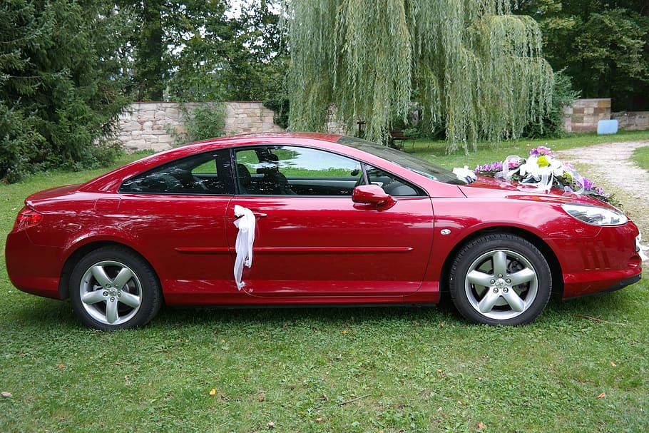 red coupe parked near trees, Bridal, Car, Wedding, Limousine