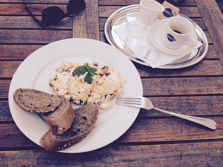 bread, breakfast, coffee, delicious, food, fork, glass, meal HD wallpaper