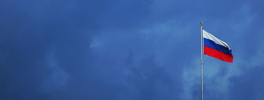 white, blue, and red flag under blue sky, russia, clouds, thunderstorm