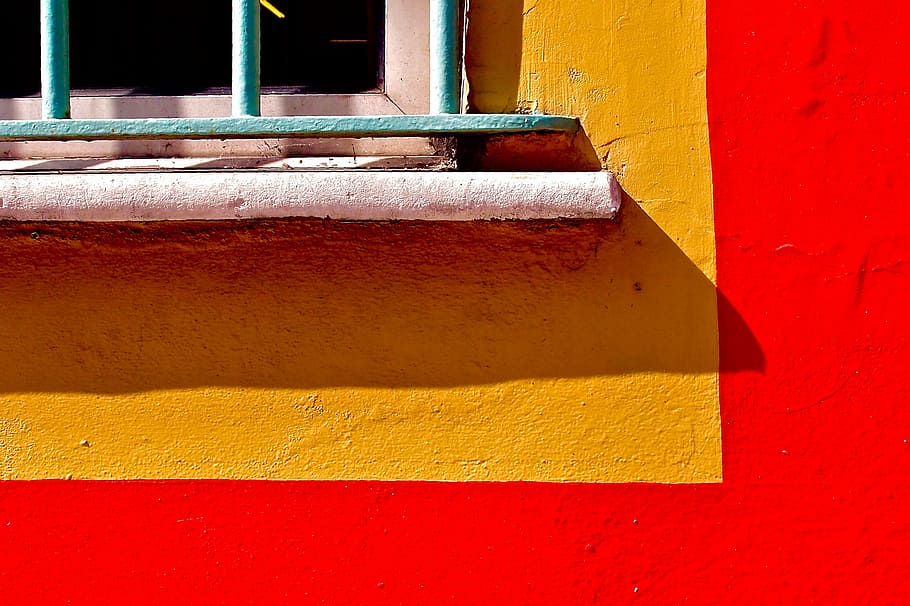 red and orange painted wall, window, yellow, built structure HD wallpaper