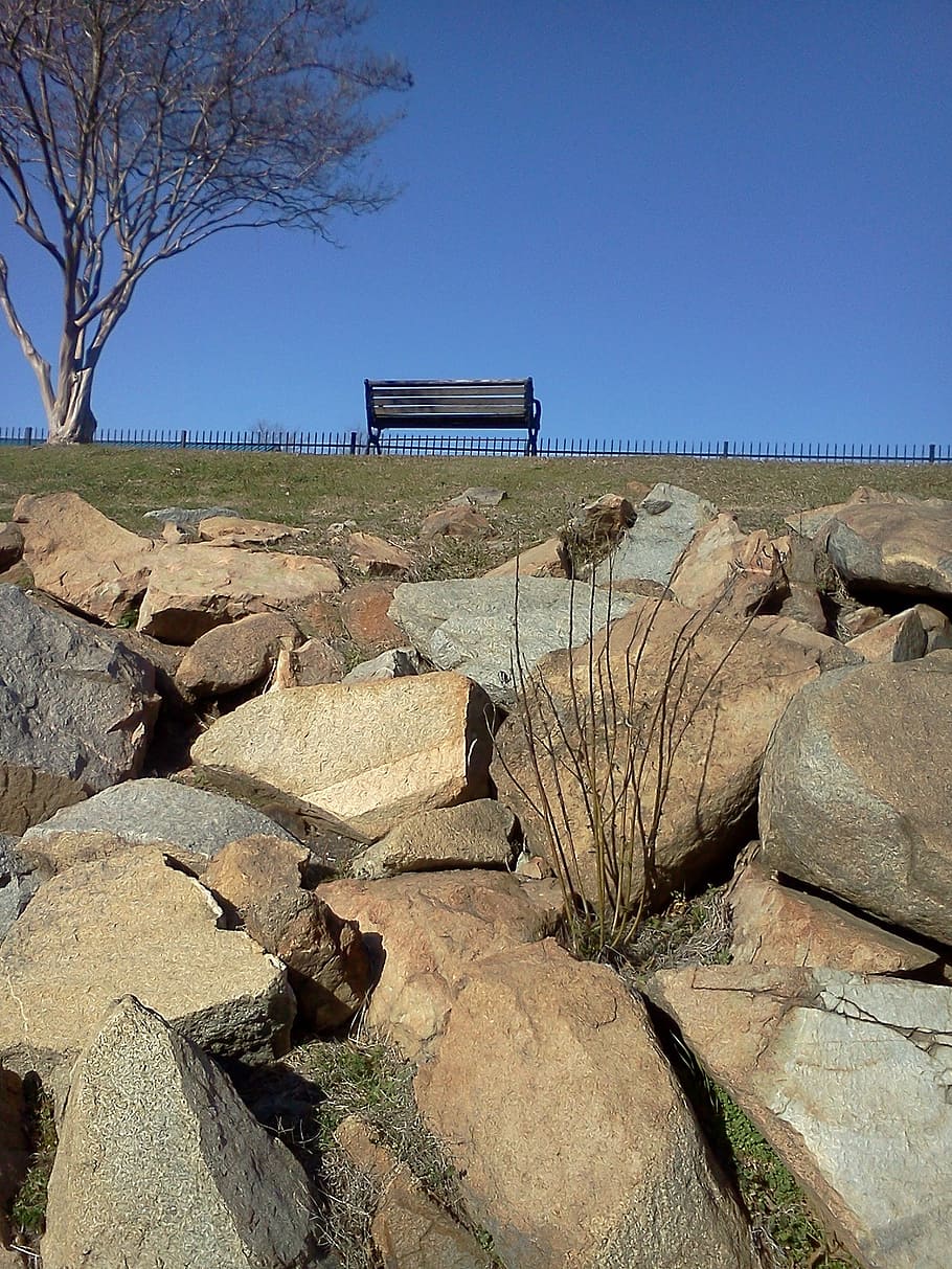 park, bench, rocks, stones, outdoors, blue, sky, tree, nature HD wallpaper