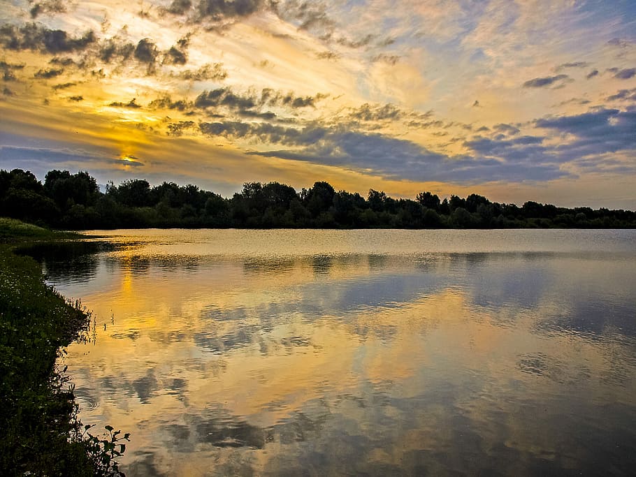 Landscape, Pond, Twilight, Sun, reflection, sunset, lake, water HD wallpaper
