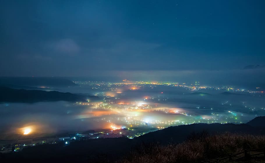 aerial photography of city, night view, aso, sea of clouds, japan, HD wallpaper