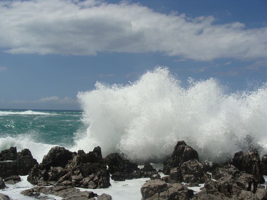 part, sea, beach, wave, rocky, stones, blue, water, motion HD wallpaper