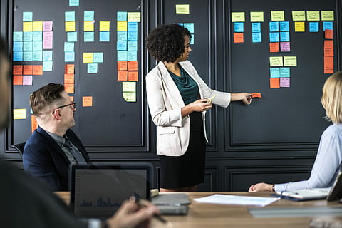 woman sticking notes on wall, person, board, post-it, sticky note HD wallpaper